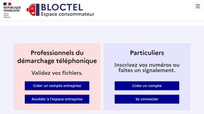 Page d’accueil du service Bloctel du gouvernement (Crédit : capture bloctel.gouv.fr)