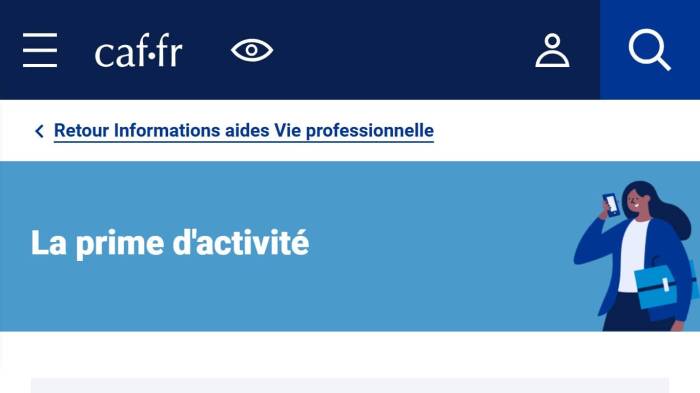 La page de la prime d’activité de la CAF (Crédit : capture site web)