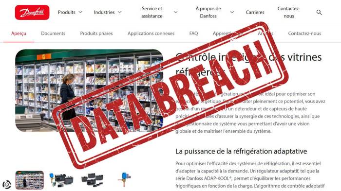 Page Danfoss contrôle vitrines réfrigérées et tampon Data Breach (Crédit : capture site)