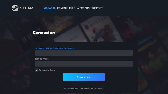 Page de connexion à son compte Steam (Crédit : capture steampowered.com)