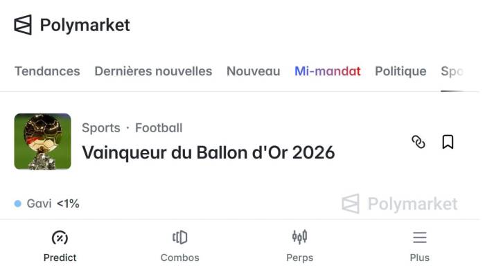 La page Polymarket consacrée au vainqueur du Ballon d’Or 2026 (Crédit : capture site)