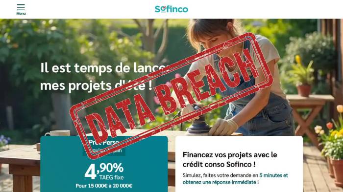 Page accueil Sofinco et tampon Data Breach (Crédit : capture filiale CA)