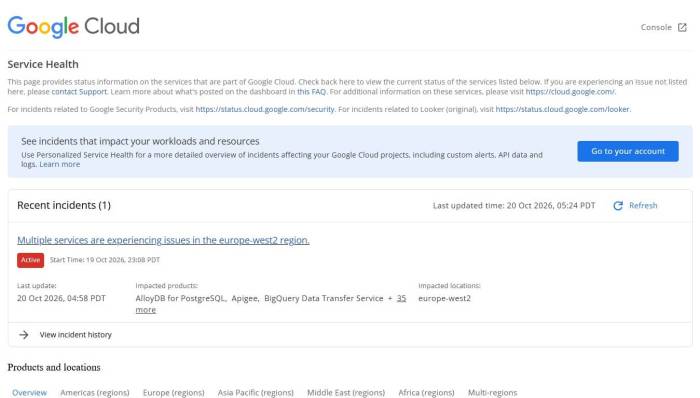 Page status Google Cloud incidents récents (Crédit : capture site web)