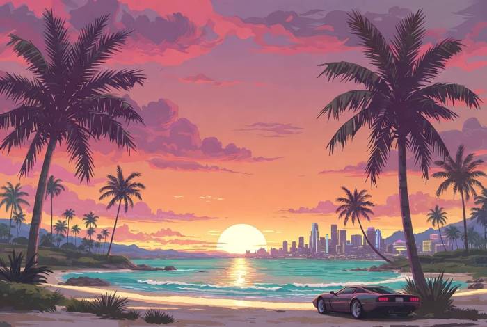 Plage tropicale à la Vice City au crépuscule avec voiture de sport (Crédit : Alex.I)