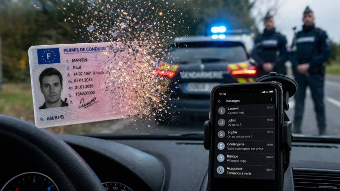 Illustration de la rétention du permis de conduire avec le téléphone au volant (Crédit : Alex.I)