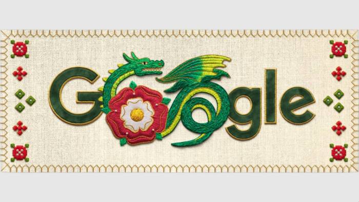 Tapisserie Saint-Georges avec un dragon et une rose Tudor en Doodle (Crédit: Google)