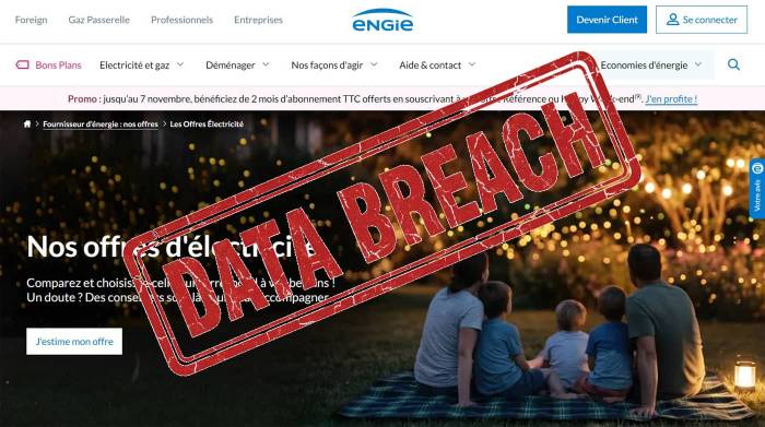 Page d’accueil Engie et tampon Data Breach (Crédit : capture site web)