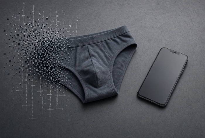 Un slip gris à côté d’un smartphone sur un fond gris (Crédit : Alex.I)