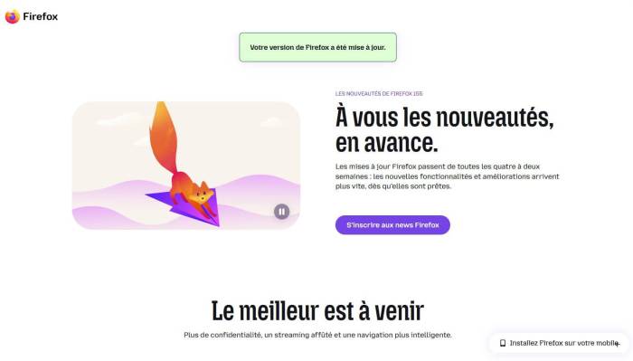 Page : Votre version de Firefox a été mise à jour (Crédit : capture Firefox 156)