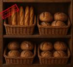 Baguettes et boules de campagne dans un râtelier en osier (Crédit : Alex.I)