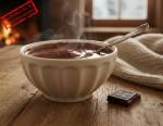 Un bol de chocolat chaud et son carré de chocolat (crédit : Alex.I)