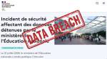 Page communiqué de presse EN et tampon Data Breach (Crédit : capture Éducation Nationale)