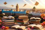 Des livres devant la ville de Rabat au Maroc (Crédit : Alex.I)