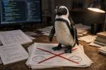 Un manchot, figure familière du logiciel libre, posé sur un brevet barré (Crédit : Alex.I)
