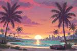 Plage tropicale à la Vice City au crépuscule avec voiture de sport (Crédit : Alex.I)