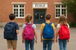 Des écoliers devant une école primaire pour la rentrée des classes (Crédit : Alex.I)