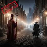 Saint Nicolas et le Père Fouettard dans une rue pavée de Strasbourg  (Crédit : Alex.I)