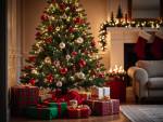 Un sapin de Noël et des cadeaux devant la cheminée (crédit : Alex.I)