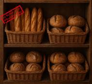 Baguettes et boules de campagne dans un râtelier en osier (Crédit : Alex.I)
