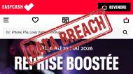 Page d’accueil Easy Cash et tampon Data Breach (Crédit : capture Easy Cash)