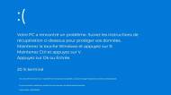 Écran bleu de la mort avec le faux message Booking.com en français (BSOD)