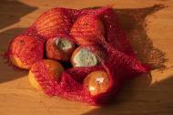 Un filet d’oranges gâtées sur une table en bois (Crédit : ShotRAV)
