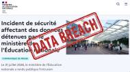 Page communiqué de presse EN et tampon Data Breach (Crédit : capture Éducation Nationale)
