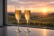 Deux flûtes de Champagne face aux vignes au coucher du soleil (Crédit : Alex.I)