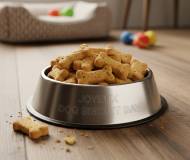 Des biscuits pour chien dans une gamelle en inox (Crédit : Alex.I)