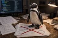 Un manchot, figure familière du logiciel libre, posé sur un brevet barré (Crédit : Alex.I)