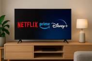 Les logos Netflix, Amazon Prime et Disney+ sur une TV (Crédit : Alex.I)