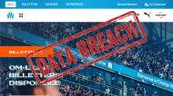 Page d’accueil officielle OM avec un tampon Data Breach (Crédit : capture OM)