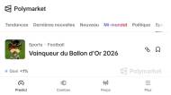 La page Polymarket consacrée au vainqueur du Ballon d’Or 2026 (Crédit : capture site)