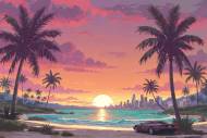 Plage tropicale à la Vice City au crépuscule avec voiture de sport (Crédit : Alex.I)