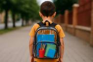Un écolier dans la rue avec un cartable transparent (Crédit : Alex.I)