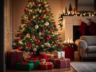Un sapin de Noël et des cadeaux devant la cheminée (crédit : Alex.I)