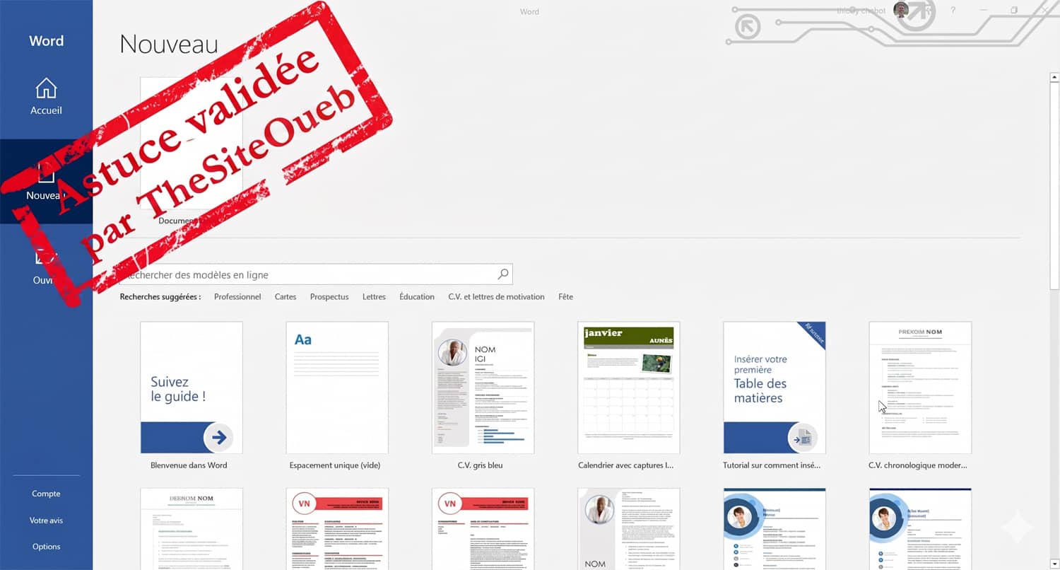 Page des modèles sur Word avant de dupliquer