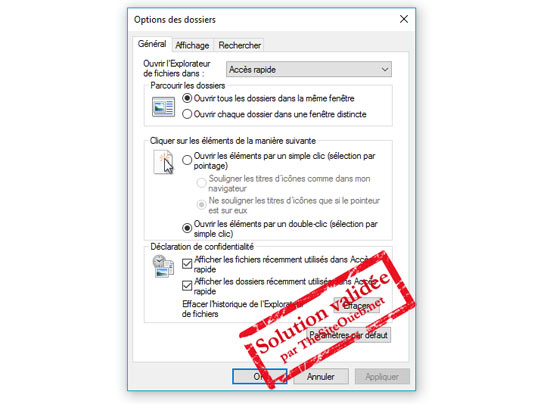Options des dossiers Windows 10 - Fichiers récents