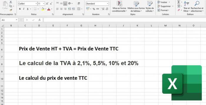 Formule de calcul PVHT + TVA = PVTTC sur Excel